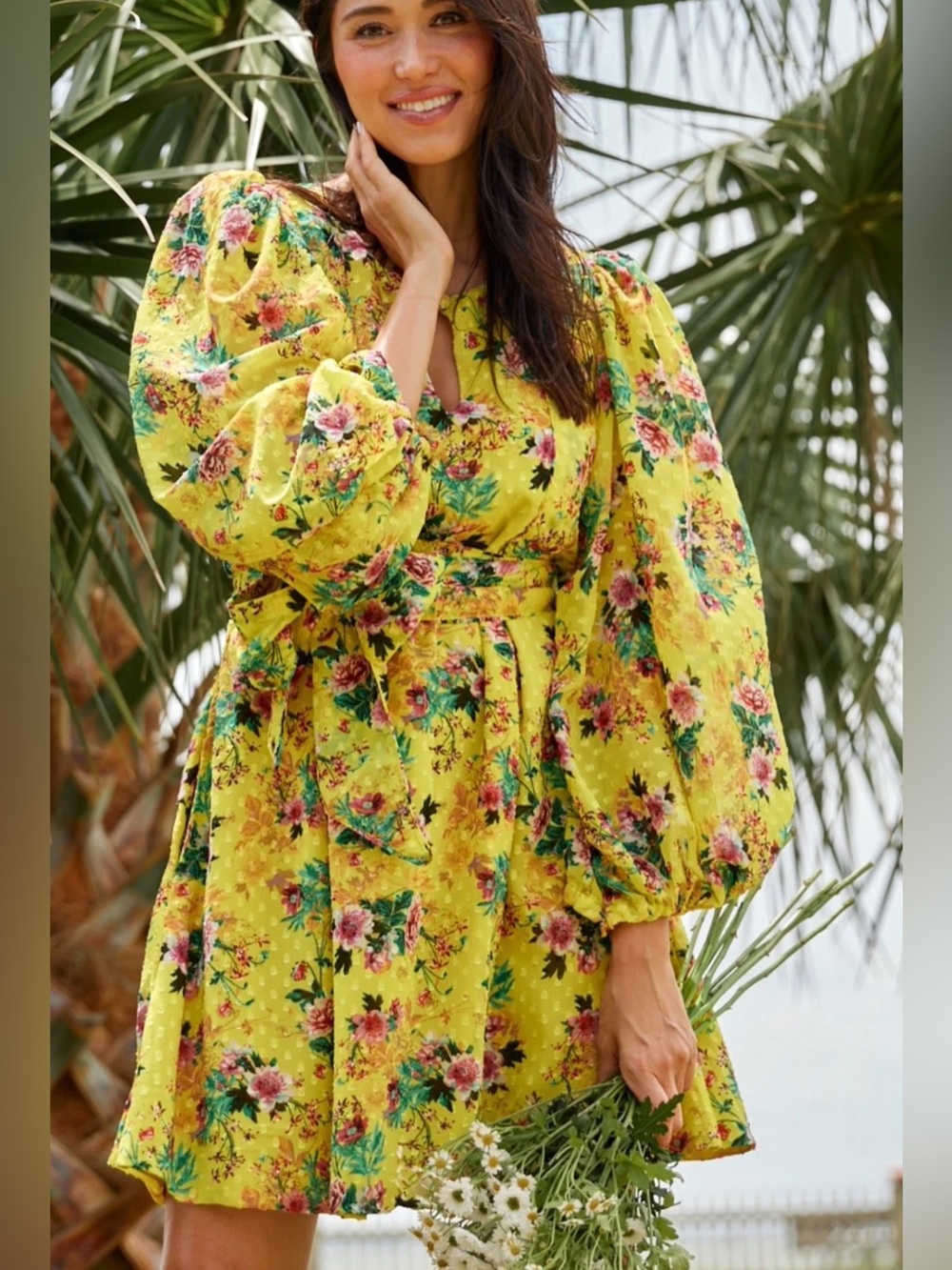 Sue Sartor Ashford Mini Dress XS Yellow Floral Silk Chiffon Boho Luxury UEC - Picture 2 of 9